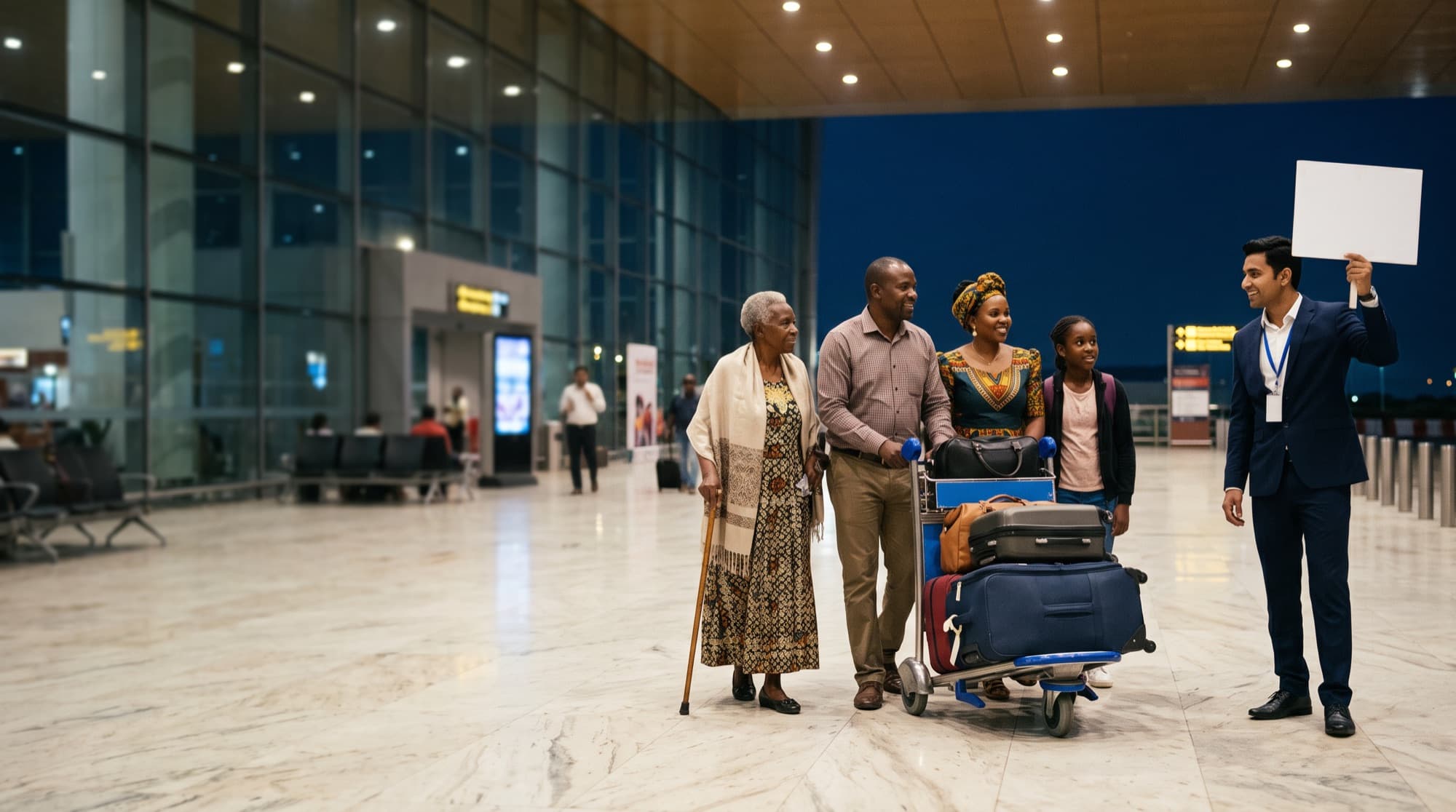 A greeter holding a name board meets a family with a grandmother and their luggage trolley in an airport arrivals hall at night