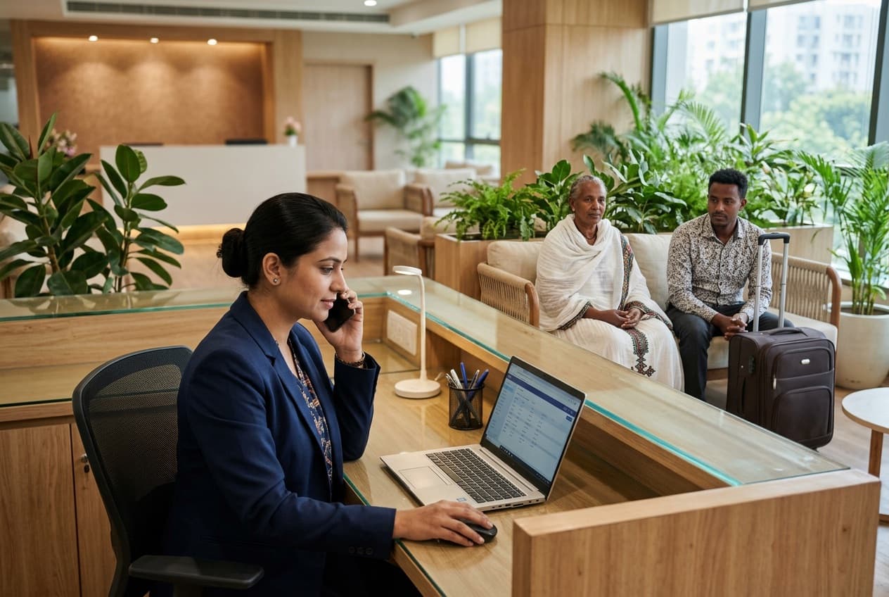 A coordinator on the phone at a help desk while a mother and her son wait with their suitcase