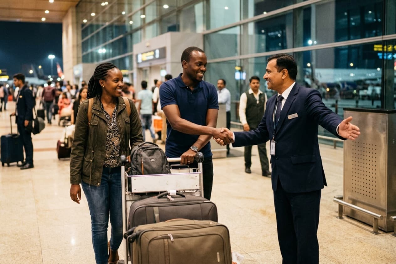 A greeter shakes hands with a young couple and their luggage trolley in an arrivals hall at night