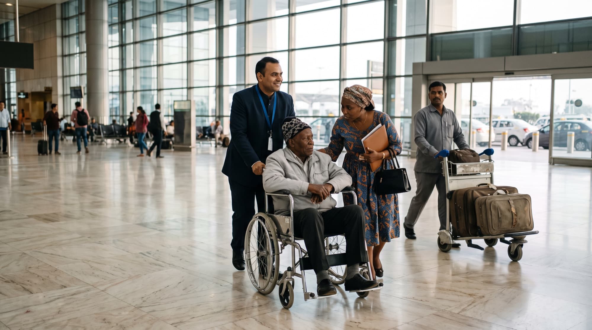 A greeter pushes an older man in a wheelchair towards the terminal exit, his daughter beside him and a porter following with the bags