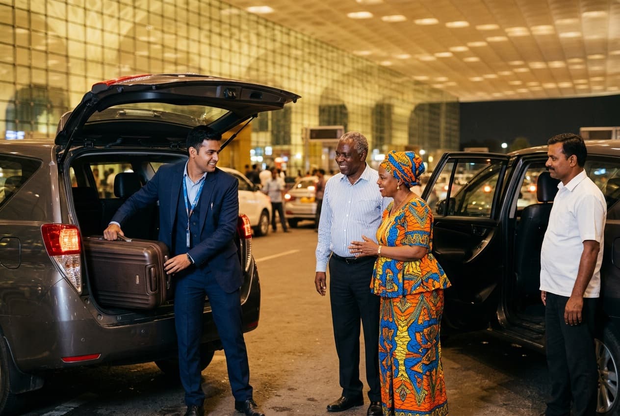 At the kerb outside the terminal at night a greeter loads a suitcase into a car while a couple and their driver wait