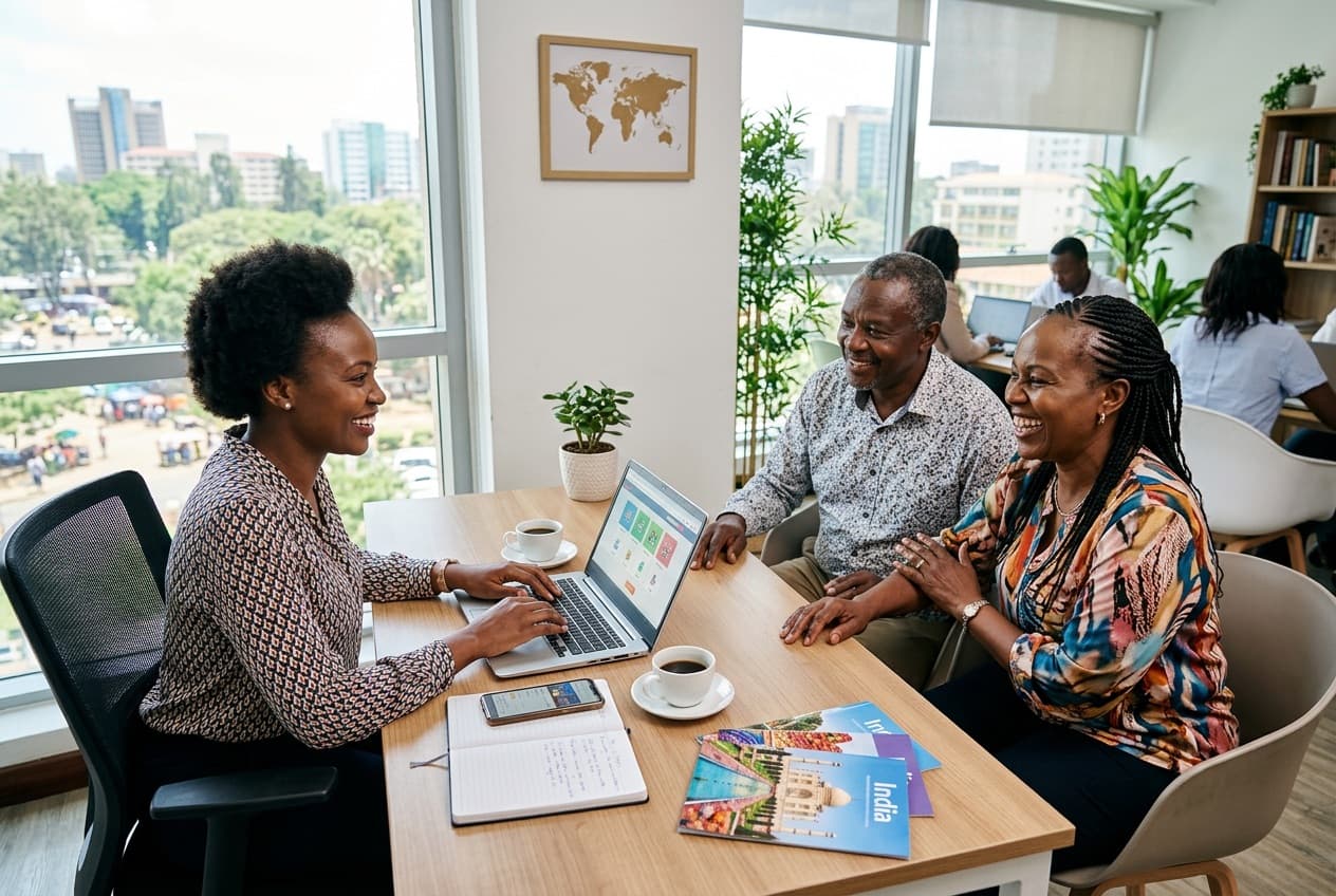 A travel agent at her desk plans a trip to India with a couple