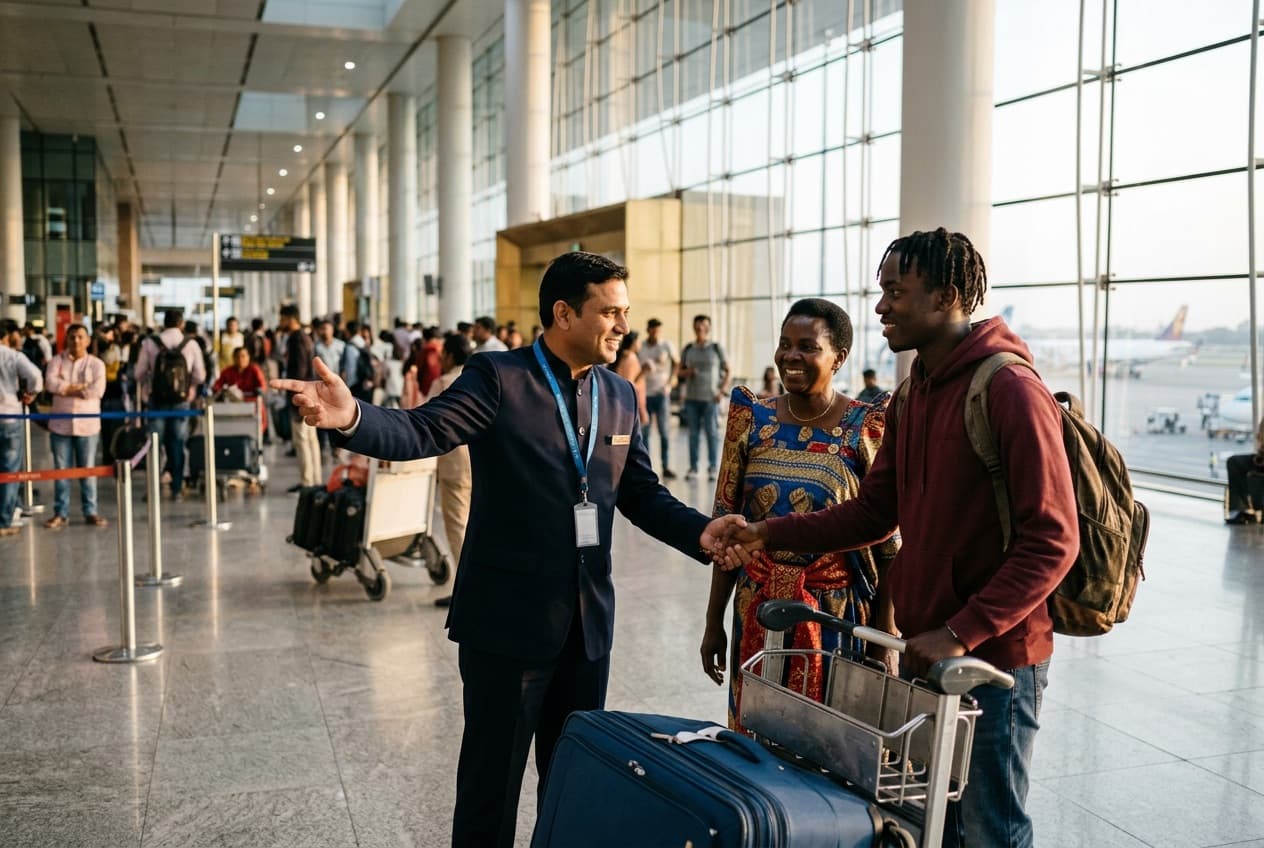 A greeter welcomes a young student and his mother with their luggage trolley in an arrivals hall
